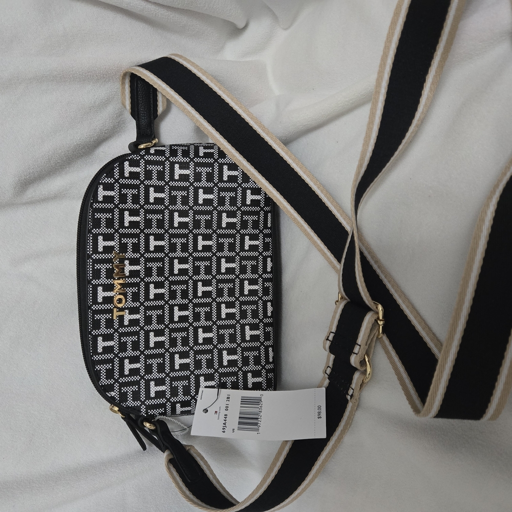 Tommy Monochrome Geometric Crossbody Bag with Black Trim